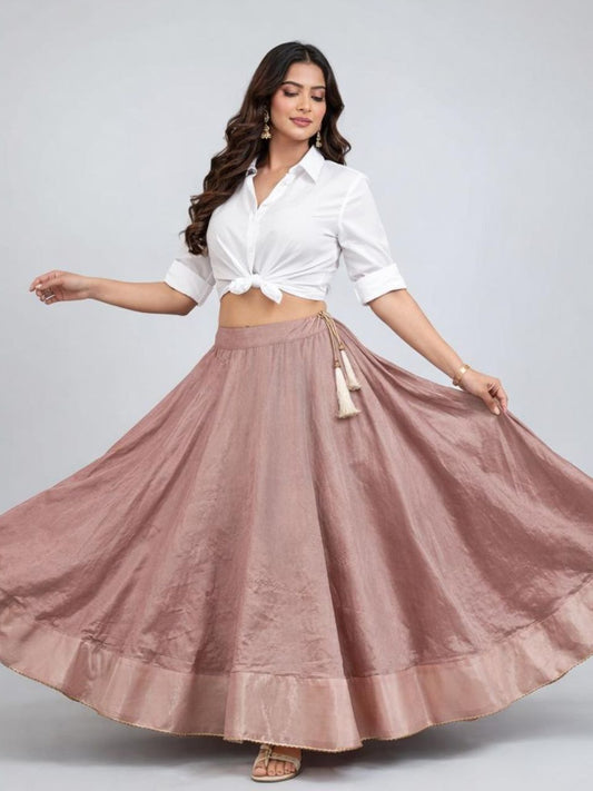 Flared Pastel Pink Flora Silk Indian Skirt