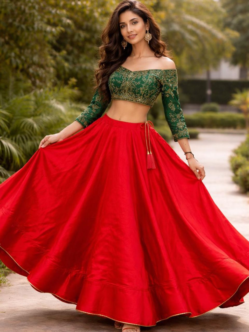 Flared Red Rani Silk Indian Skirt