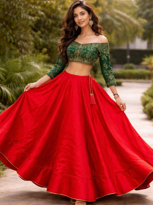 Flared Red Rani Silk Indian Skirt