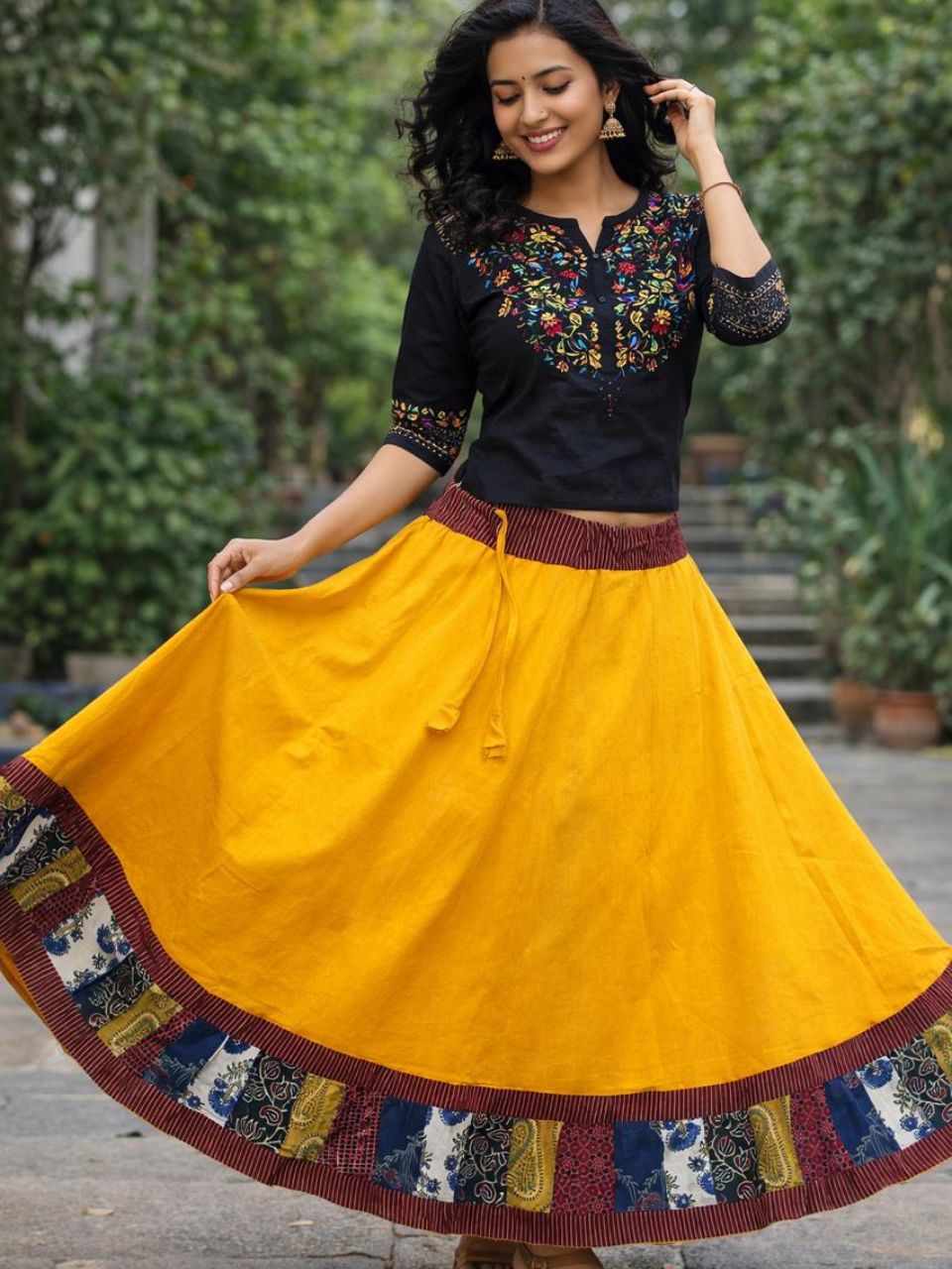 Ajrakh Yellow Cotton Patchwork Rumi Indian Skirt