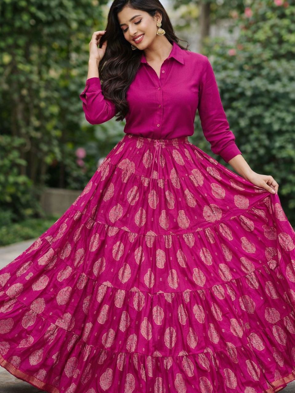 Tiered Cotton Pink Tashi Indian Skirt