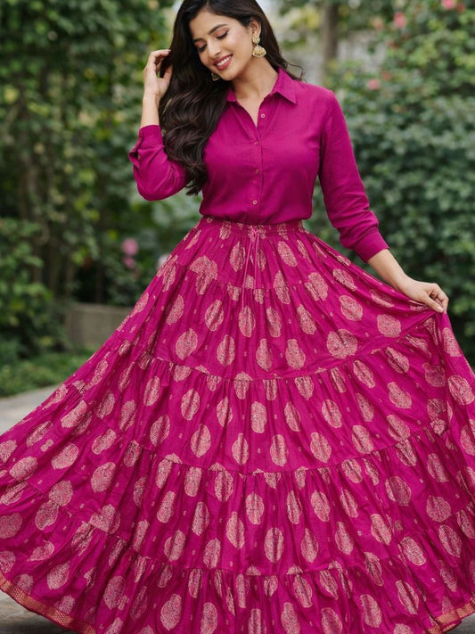 Tiered Cotton Pink Tashi Indian Skirt