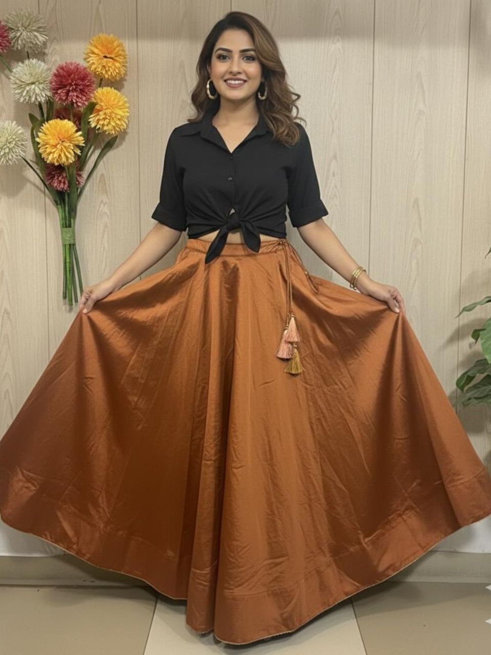 Flared Brown Falguni Silk Indian Skirt