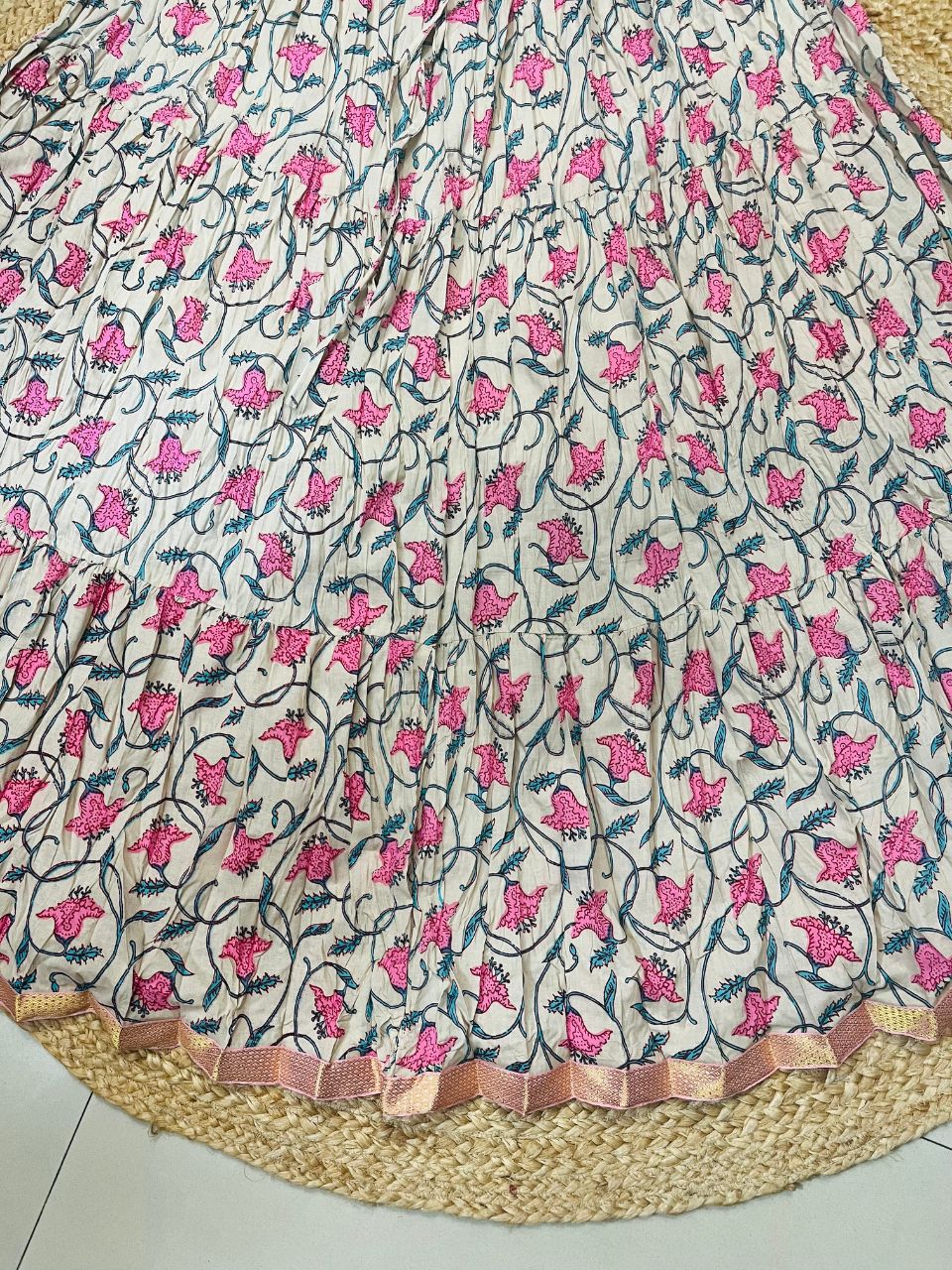 Jaipuri Tiered Cotton White Mitali Indian Skirt