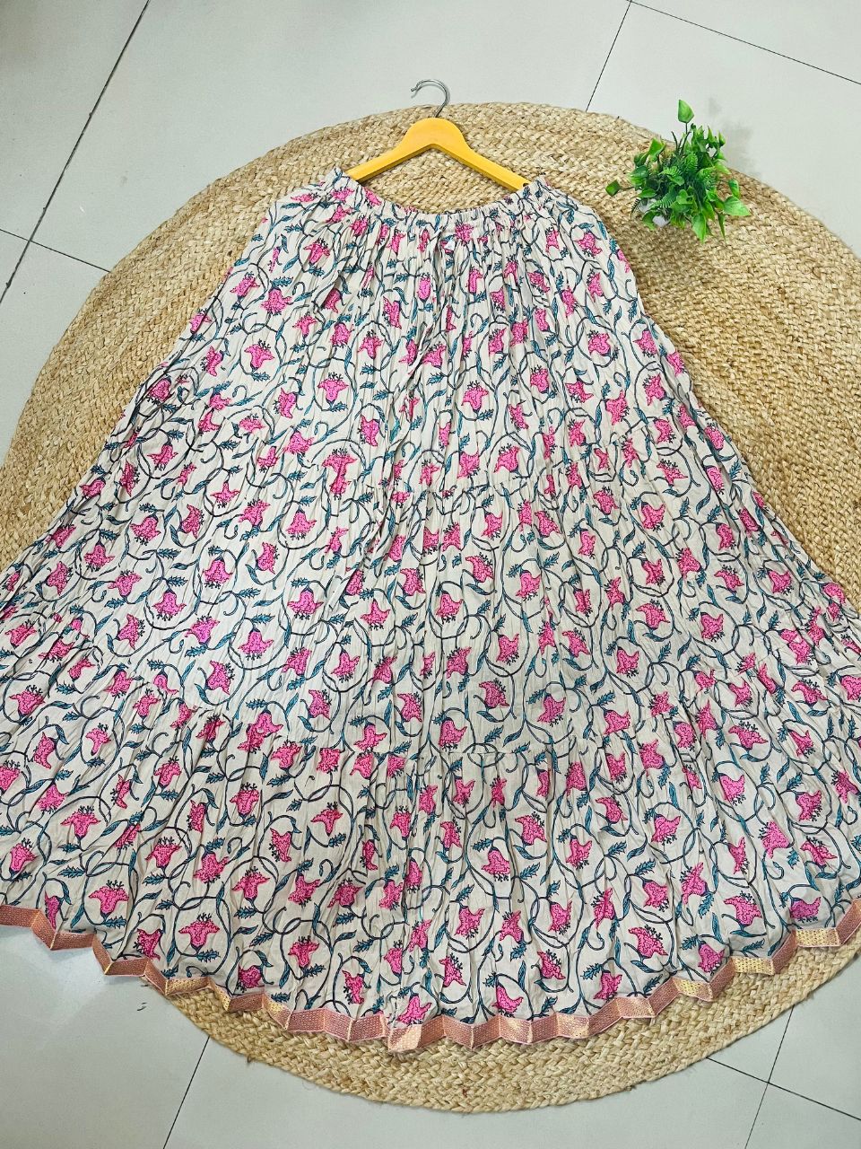 Jaipuri Tiered Cotton White Mitali Indian Skirt