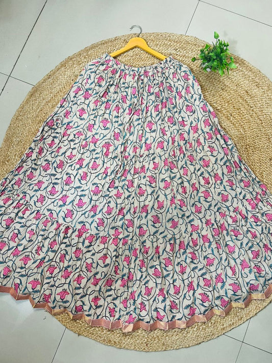 Jaipuri Tiered Cotton White Mitali Indian Skirt