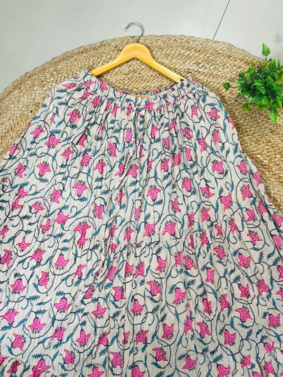 Jaipuri Tiered Cotton White Mitali Indian Skirt