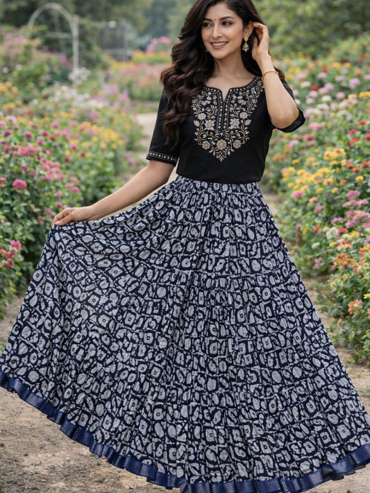 Jaipuri Tiered Cotton Navy Blue Navya Indian Skirt