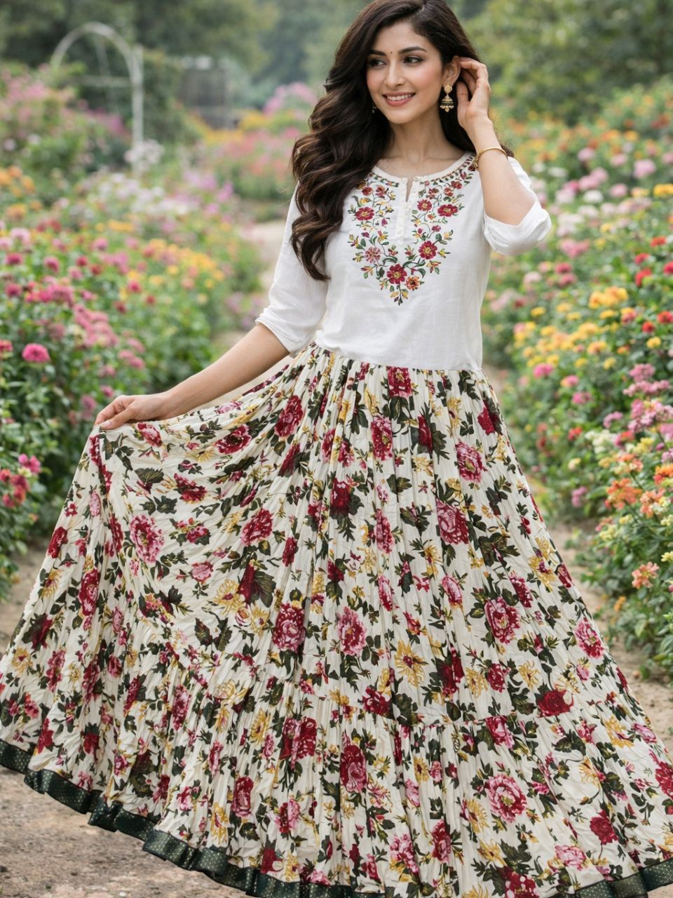 Jaipuri Tiered Cotton White Vibha Indian Skirt