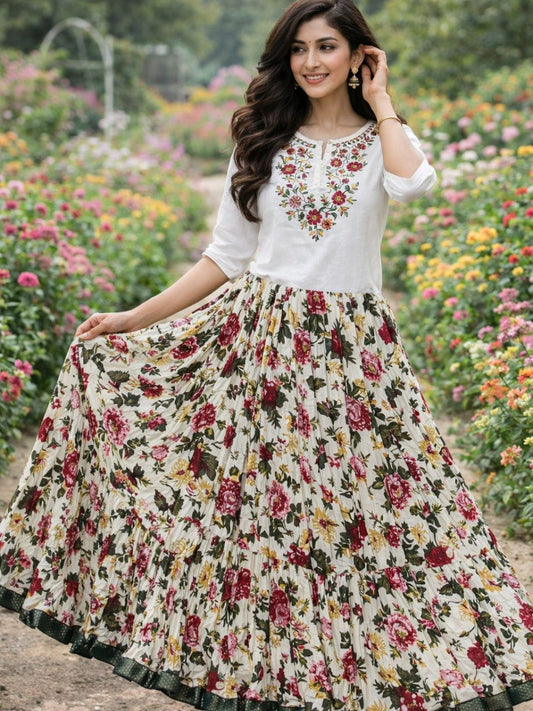 Jaipuri Tiered Cotton White Vibha Indian Skirt