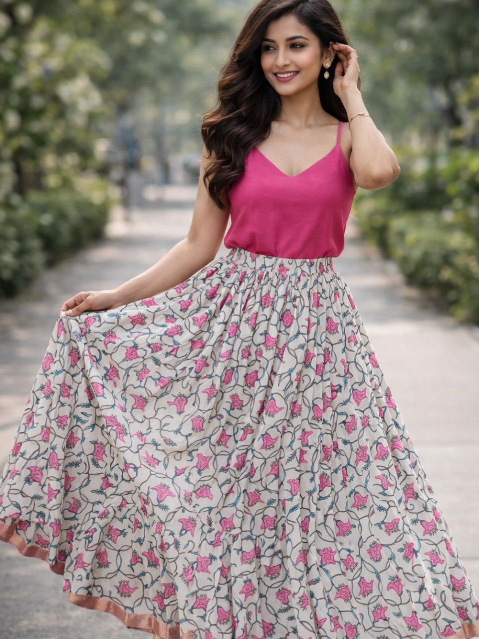 Jaipuri Tiered Cotton White Mitali Indian Skirt