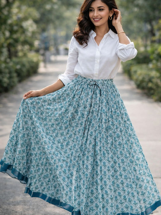 Jaipuri Tiered Cotton Blue Deepika Indian Skirt