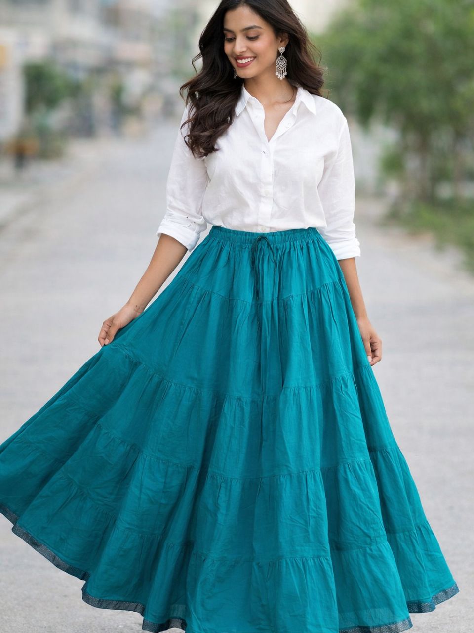 Tiered Cotton Turquoise Plain Taru Indian Skirt