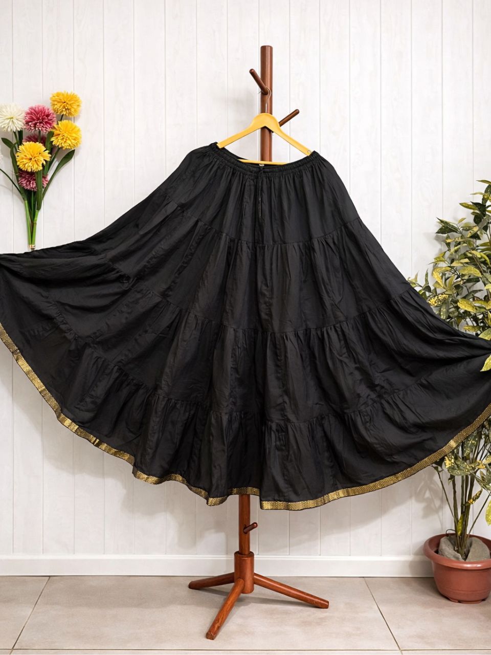 Tiered Cotton Black Plain Khushi Indian Skirt