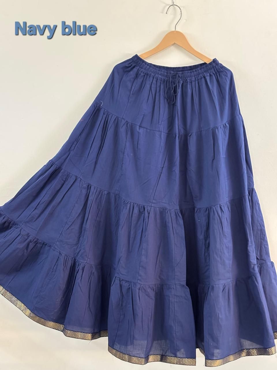 Tiered Cotton Navy Blue Plain Pallavi Indian Skirt