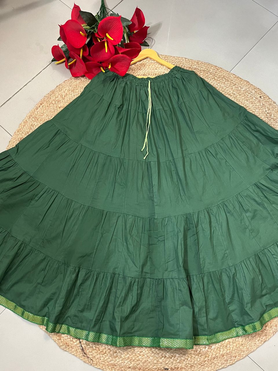 Tiered Cotton Green Plain Reeti Indian Skirt