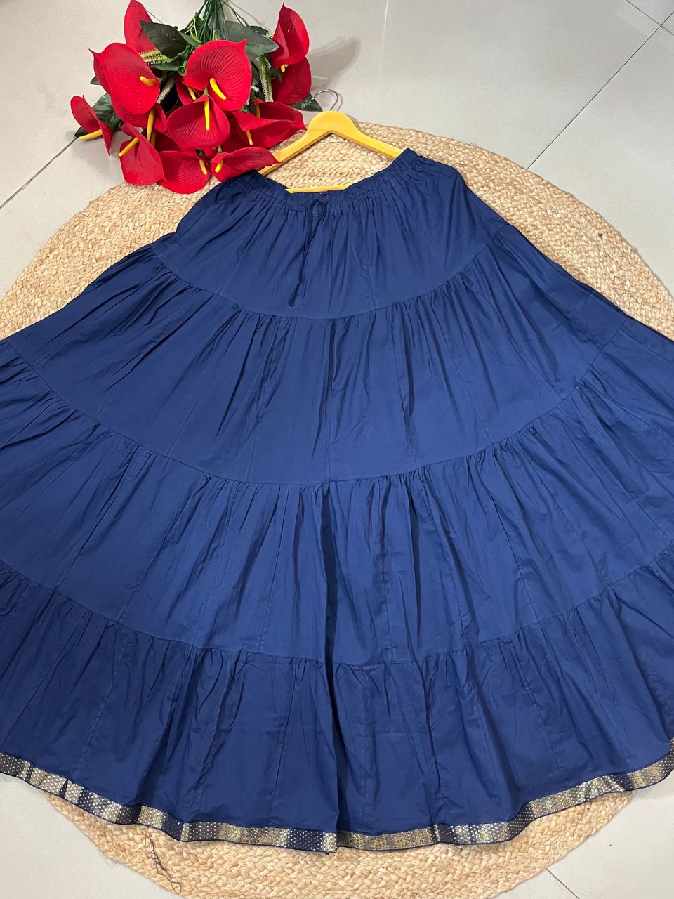 Tiered Cotton Navy Blue Plain Pallavi Indian Skirt