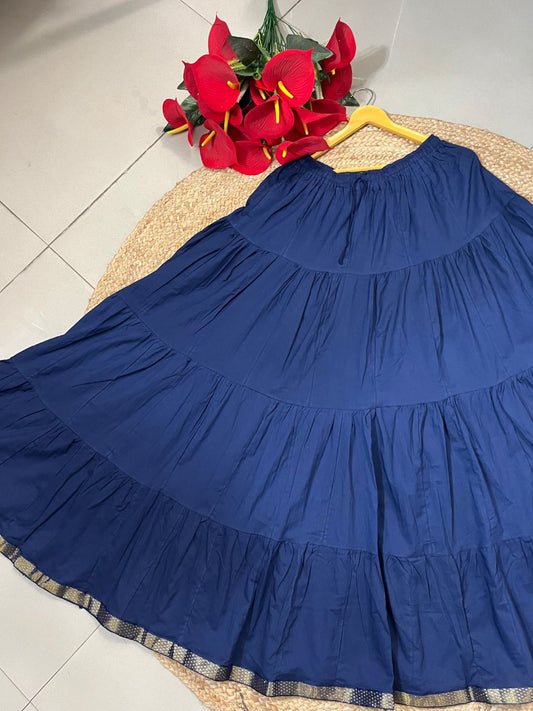 Tiered Cotton Navy Blue Plain Pallavi Indian Skirt