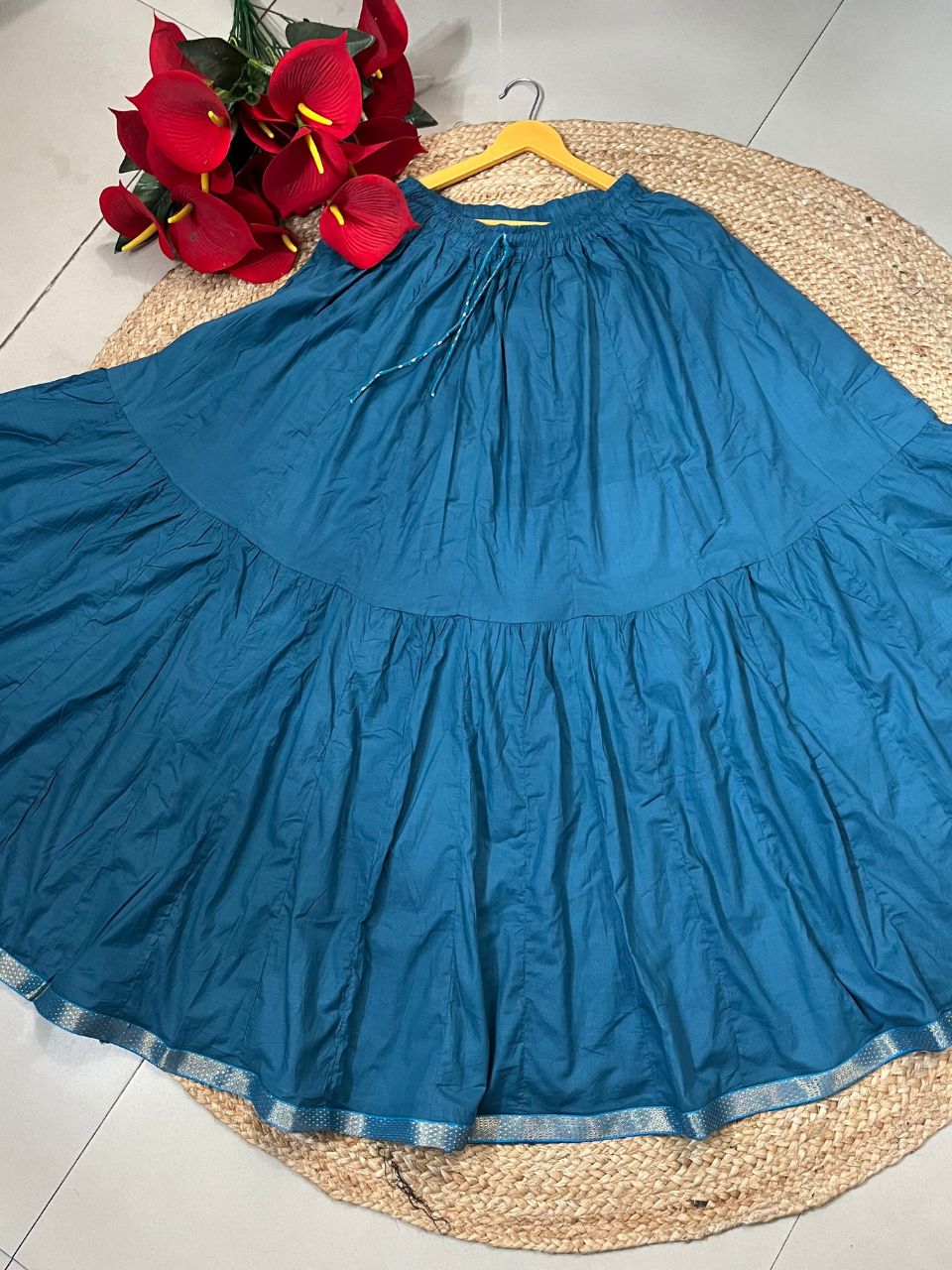 Tiered Cotton Teal Plain Harsha Indian Skirt