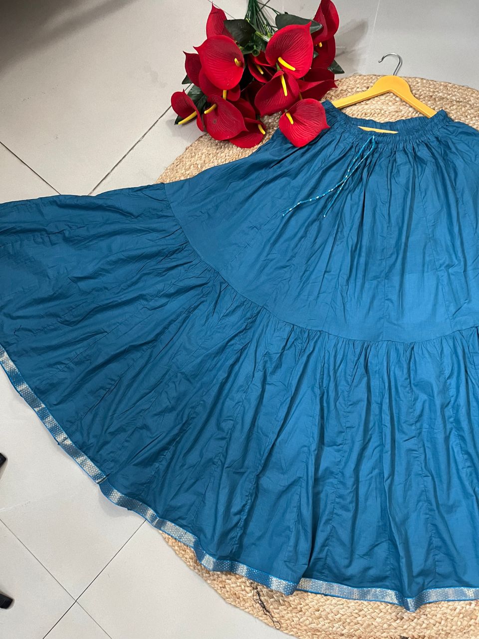 Tiered Cotton Teal Plain Harsha Indian Skirt