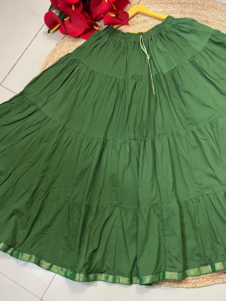 Tiered Cotton Green Plain Reeti Indian Skirt