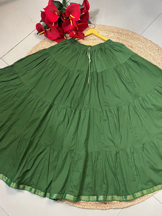 Tiered Cotton Green Plain Reeti Indian Skirt