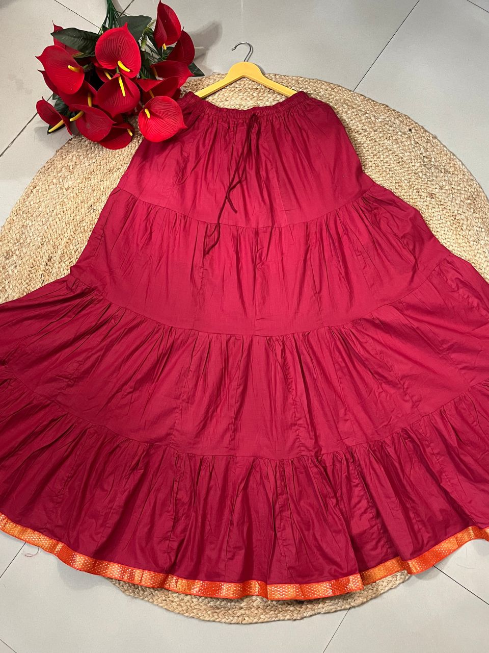 Tiered Cotton Red Plain Piya Indian Skirt