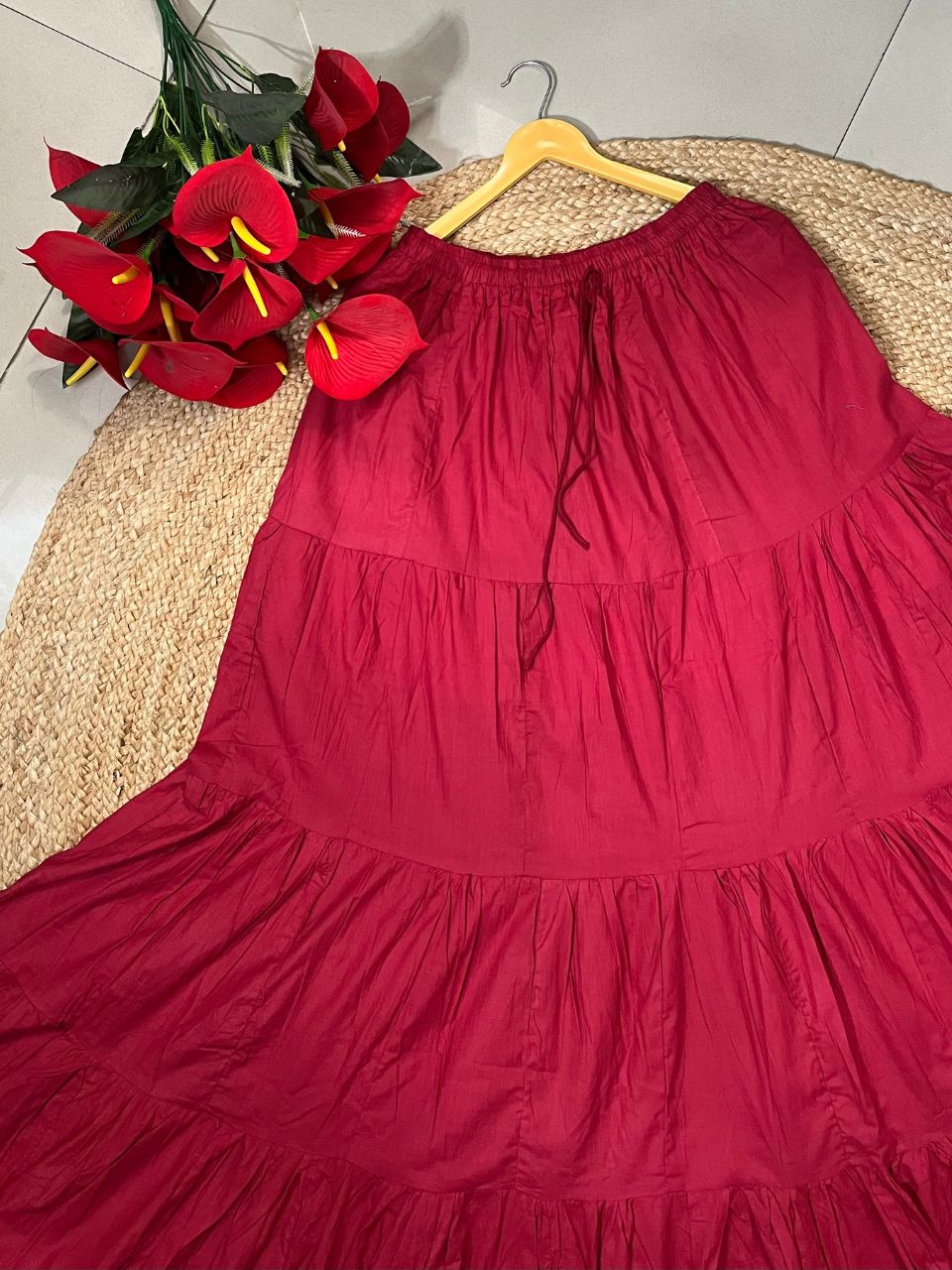 Tiered Cotton Red Plain Piya Indian Skirt