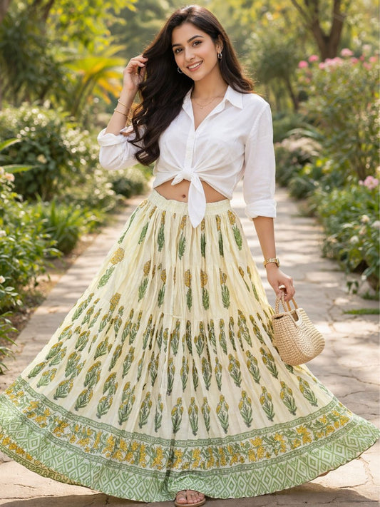 Mulmul Block Print Pastel Yellow Janvi Indian Skirt