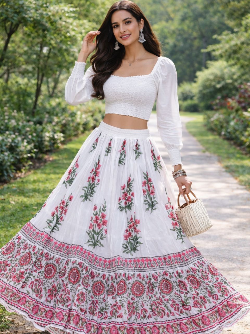 Mulmul Block Print White Raagi Indian Skirt