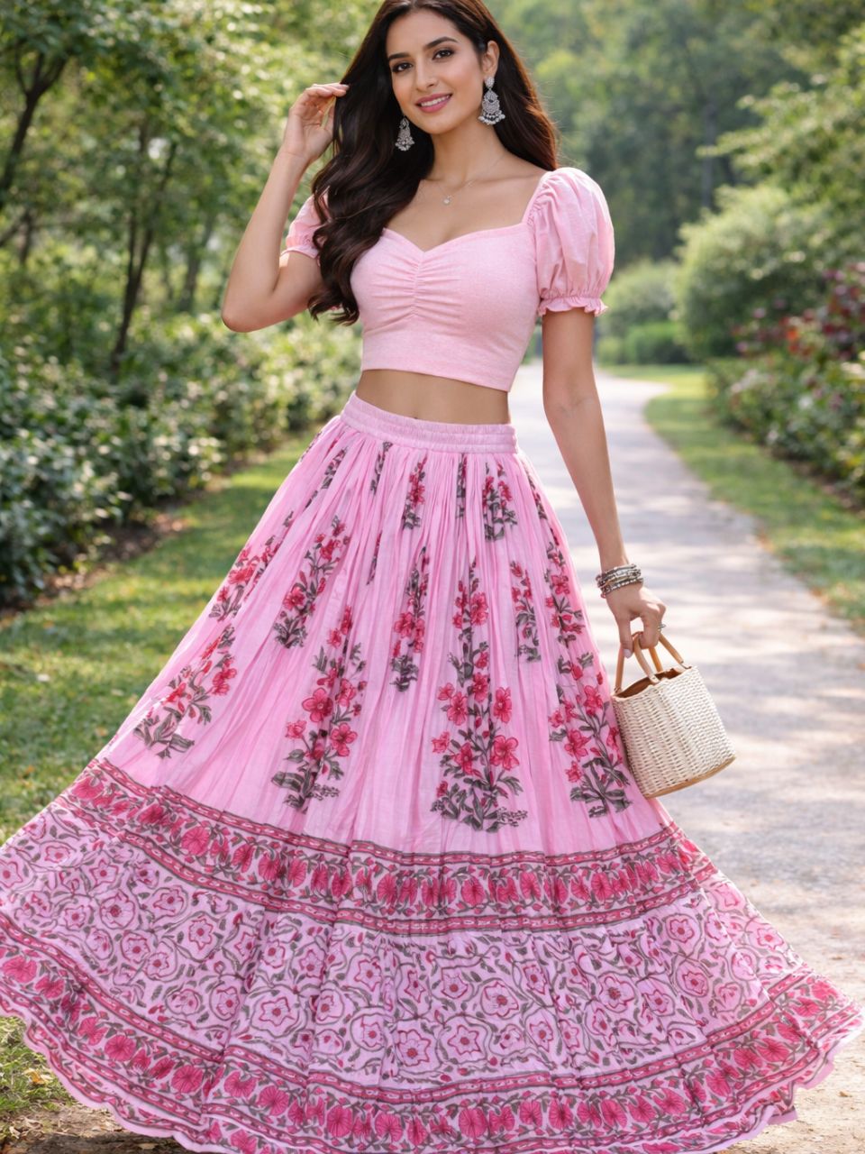 Mulmul Block Print Pink Hiya Indian Skirt
