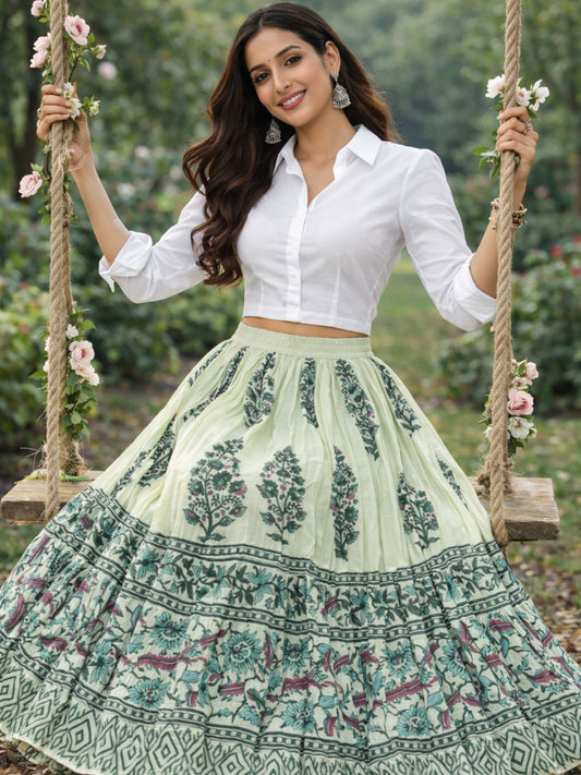 Mulmul Block Print Pastel Green Girija Indian Skirt