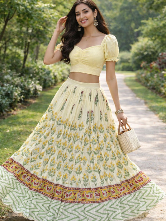 Mulmul Block Print Pastel Yellow Diya Indian Skirt