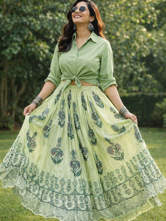 Mulmul Block Print Pastel Green Bhavya Indian Skirt
