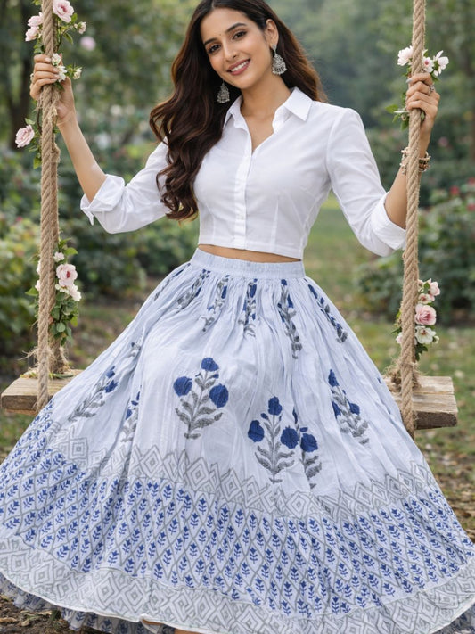 Mulmul Block Print Dusty Blue Ojasvi Indian Skirt
