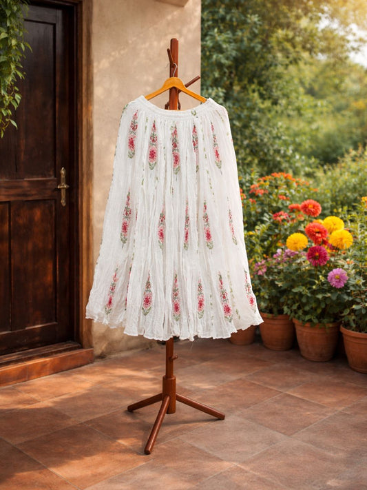 Mulmul Block Print White Raaji Indian Skirt