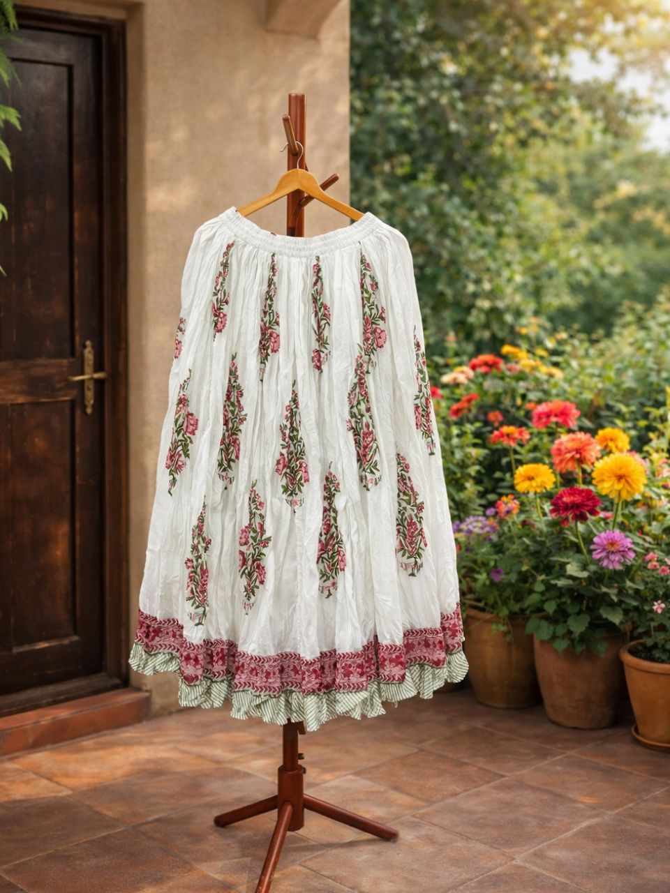 Mulmul Block Print White Sitara Indian Skirt