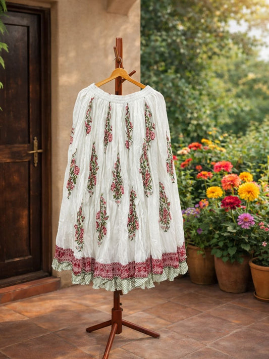 Mulmul Block Print White Sitara Indian Skirt
