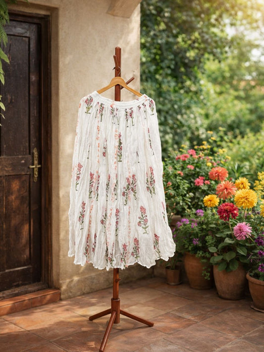 Mulmul Block Print White Raga Indian Skirt
