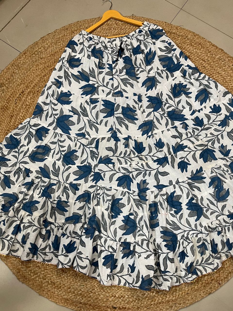 Tiered Cotton White Blue Krisha Indian Skirt