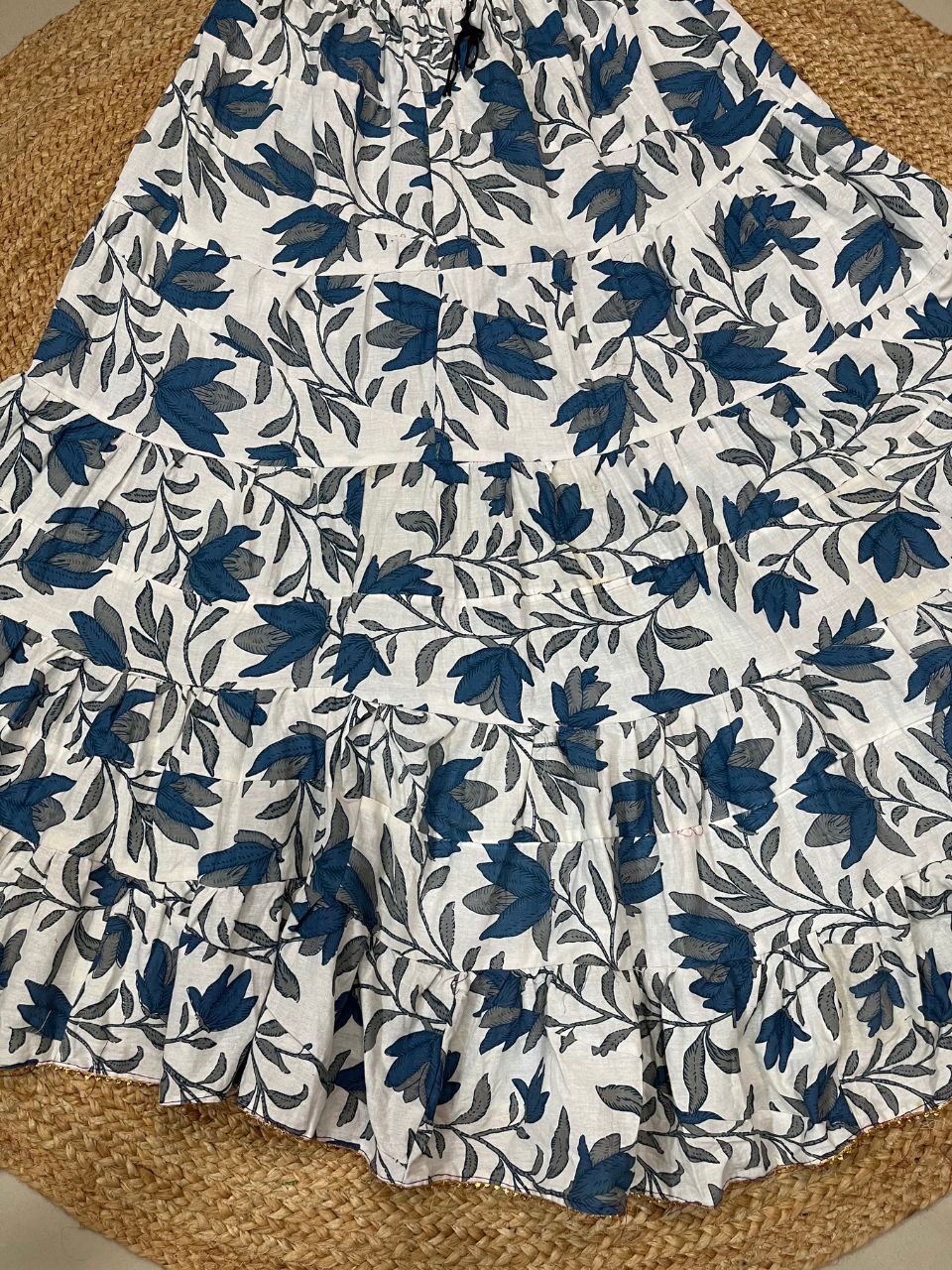 Tiered Cotton White Blue Krisha Indian Skirt