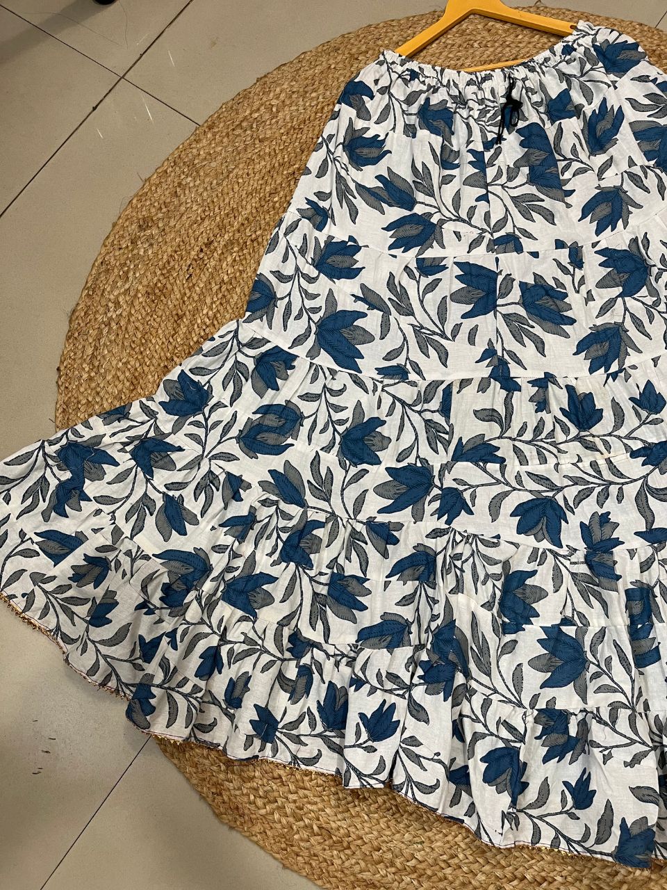 Tiered Cotton White Blue Krisha Indian Skirt