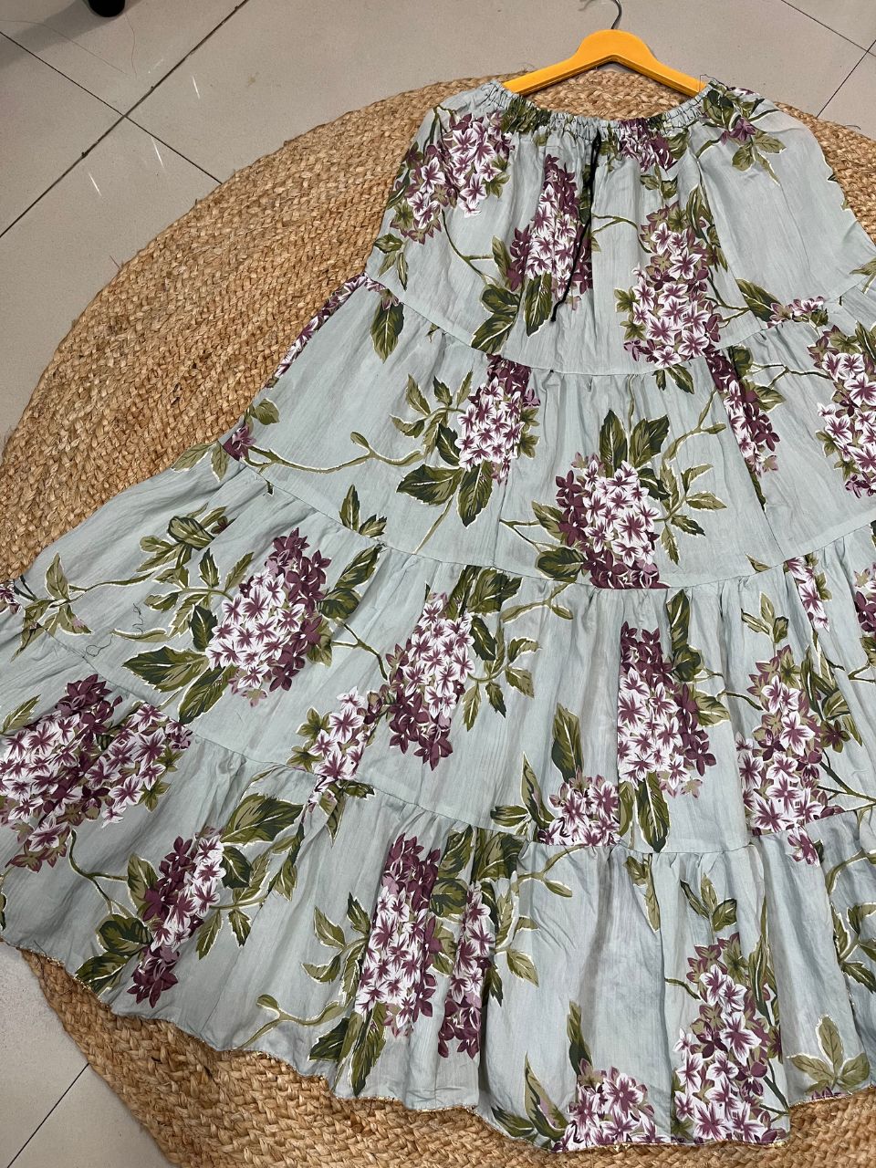 Tiered Cotton Dusty Green Shubha Indian Skirt