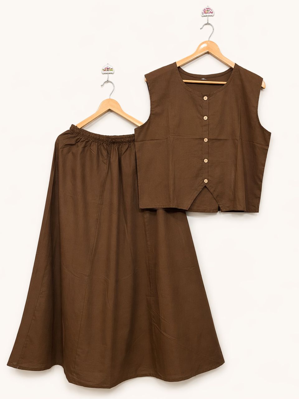Chic Brown Zoony Cambric Cotton Skirt Set