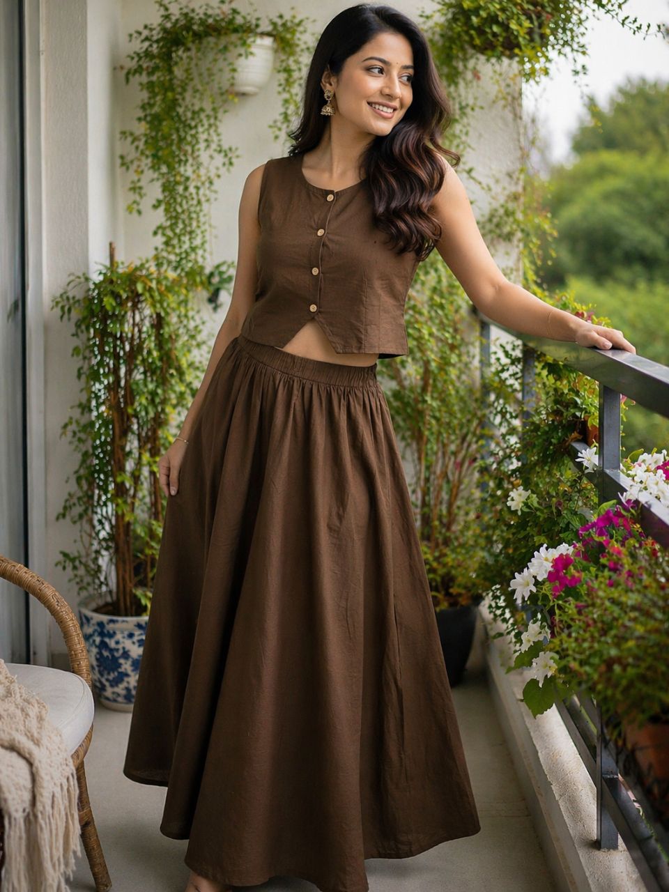 Chic Brown Zoony Cambric Cotton Skirt Set
