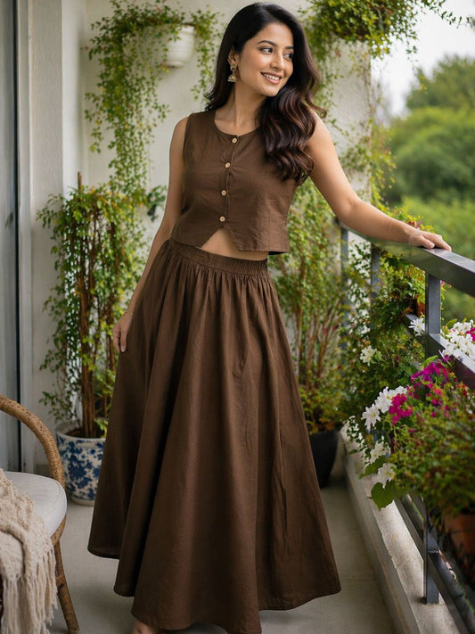 Chic Brown Zoony Cambric Cotton Skirt Set