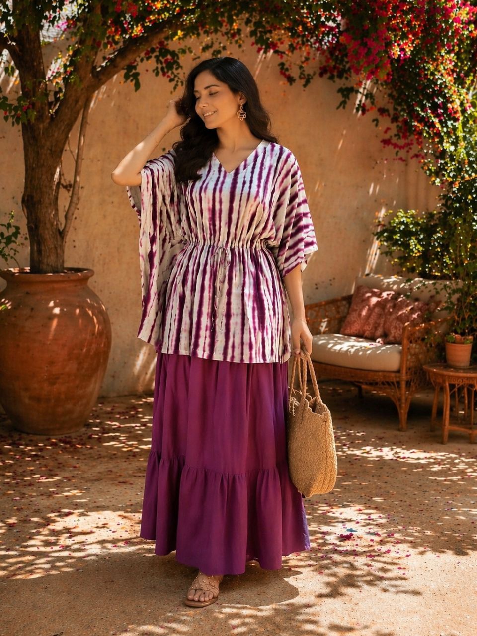 Tie Dye Cotton Wine Husna Kurti Kaftan