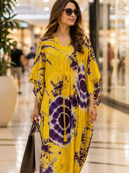 Block Print Yellow Raima Cotton Kaftan