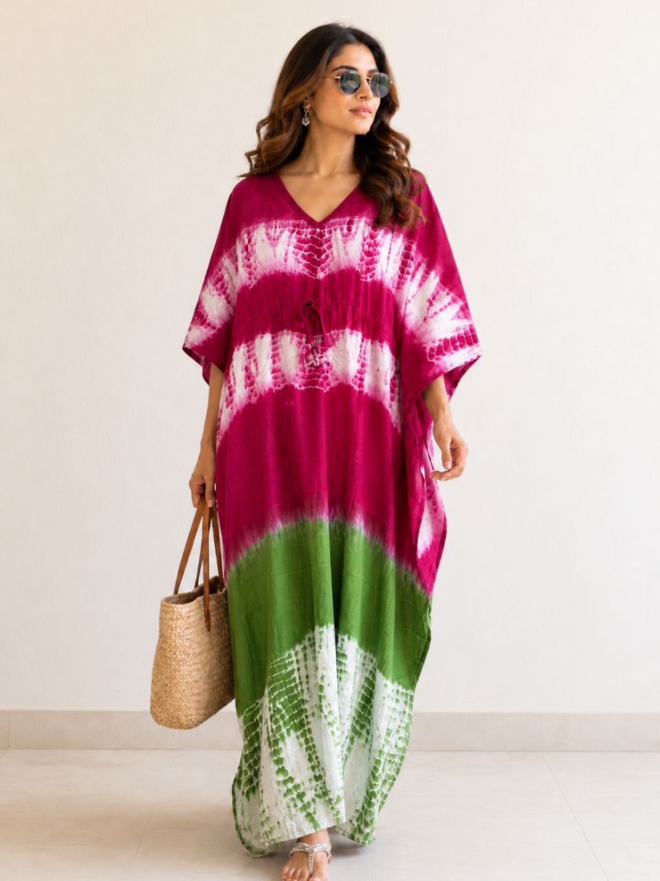Block Print Fuchsia Green Sona Cotton Kaftan