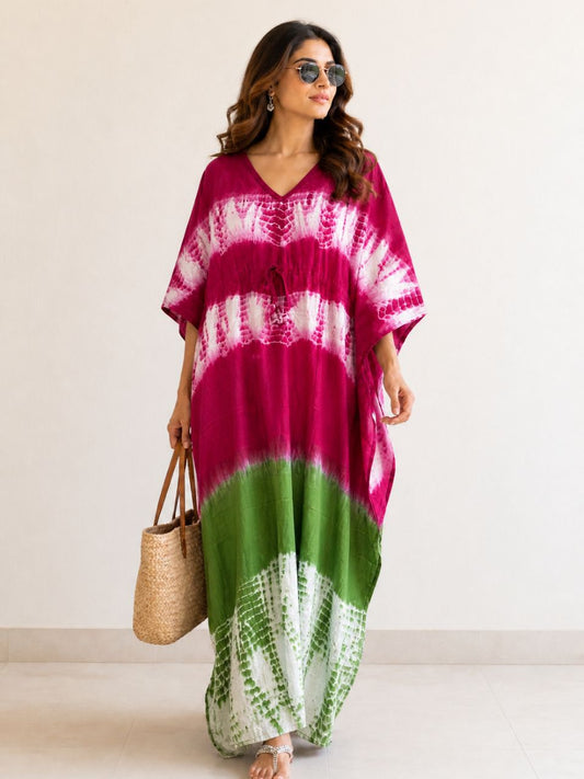 Block Print Fuchsia Green Sona Cotton Kaftan